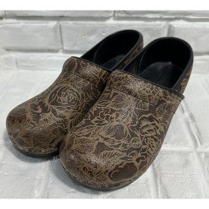 Sanita Danish Clog Womens 40 US 9 Brown Floral Professional Embossed Leather
